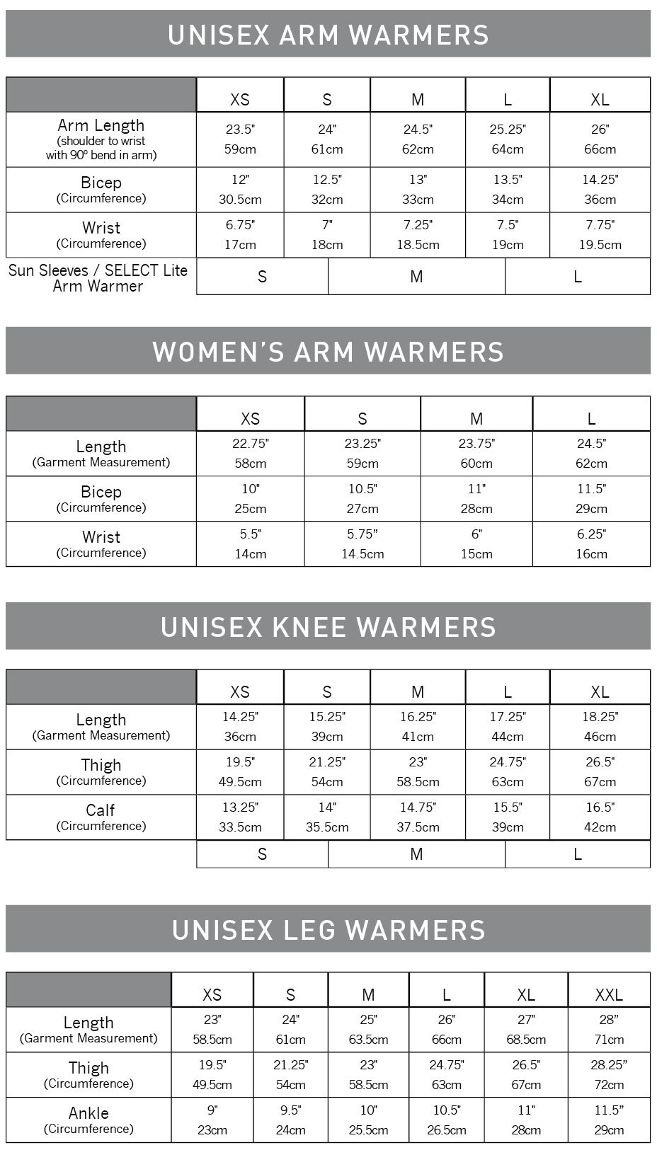 Pearl Izumi Accessories sizing chart