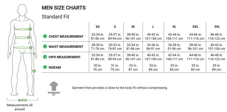 Garneau men's apparel sizing chart