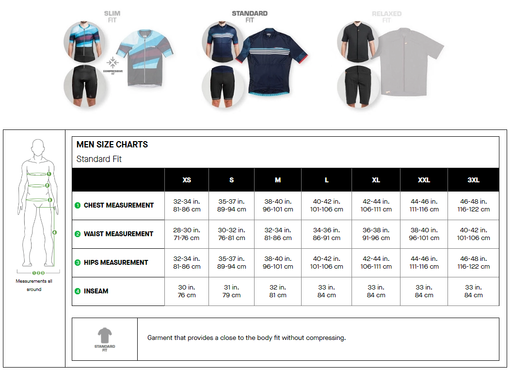 Louis Garneau men's standard sizing chart