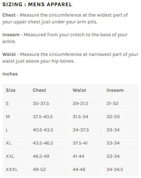 Bellwether Men's apparel sizing chart