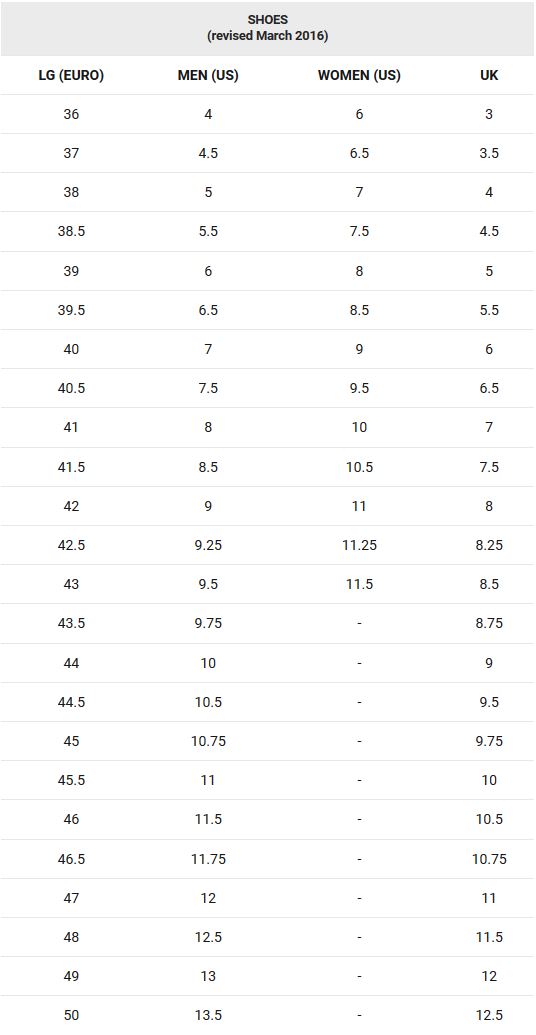 Garneau shoe sizing chart