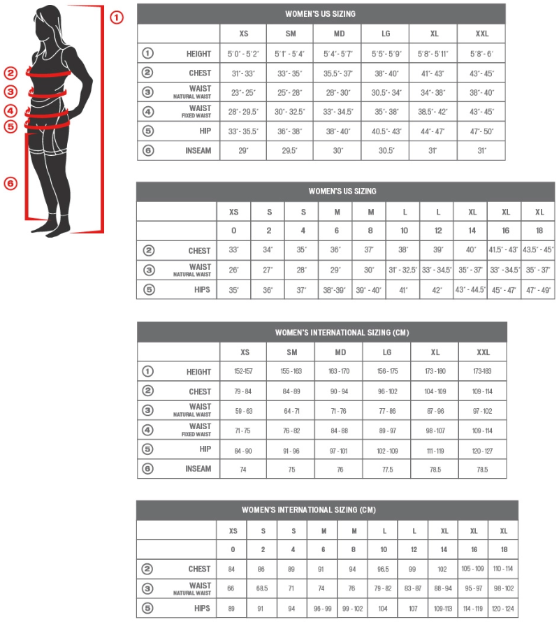 Sombrio women's apparel sizing chart