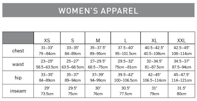 Pearl Izumi Women's Apparel sizing chart