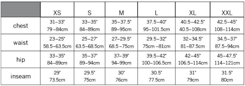 Pearl Izumi Women's Apparel sizing chart