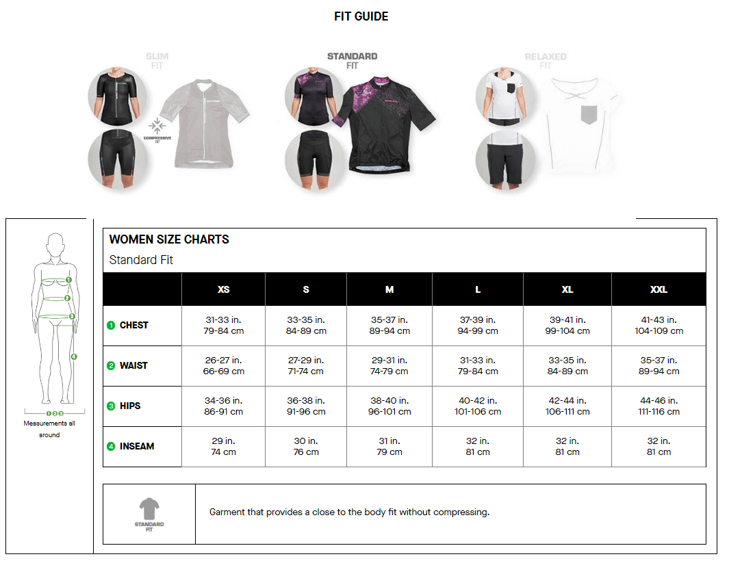 Louis Garneau women's standard fit sizing chart