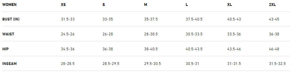 Sugoi women's sizing chart