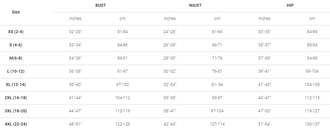 Bontrager Womens sizing chart