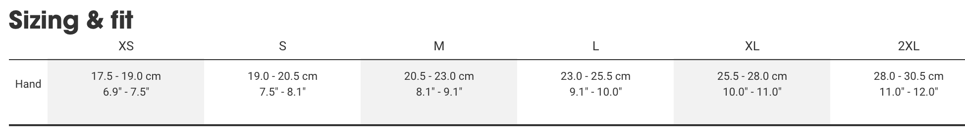 Bontrager gloves sizing chart