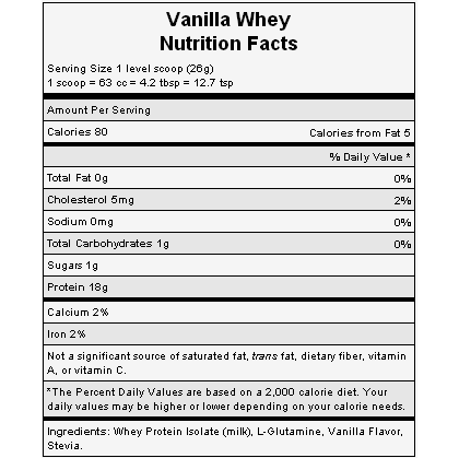 The nutritional info for Hammer Nutrition's Vanilla Whey Protein. The nutritional info for Hammer Nutrition's Vanilla Whey Protein.