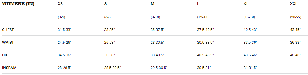 Sombrio women's apparel sizing chart