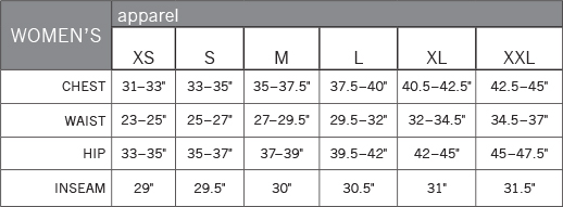 Pearl Izumi Women's Apparel sizing chart